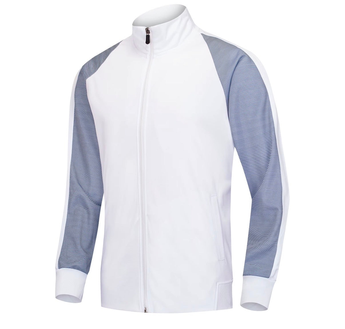 Veste blanche et manches rayées bleu et blanc