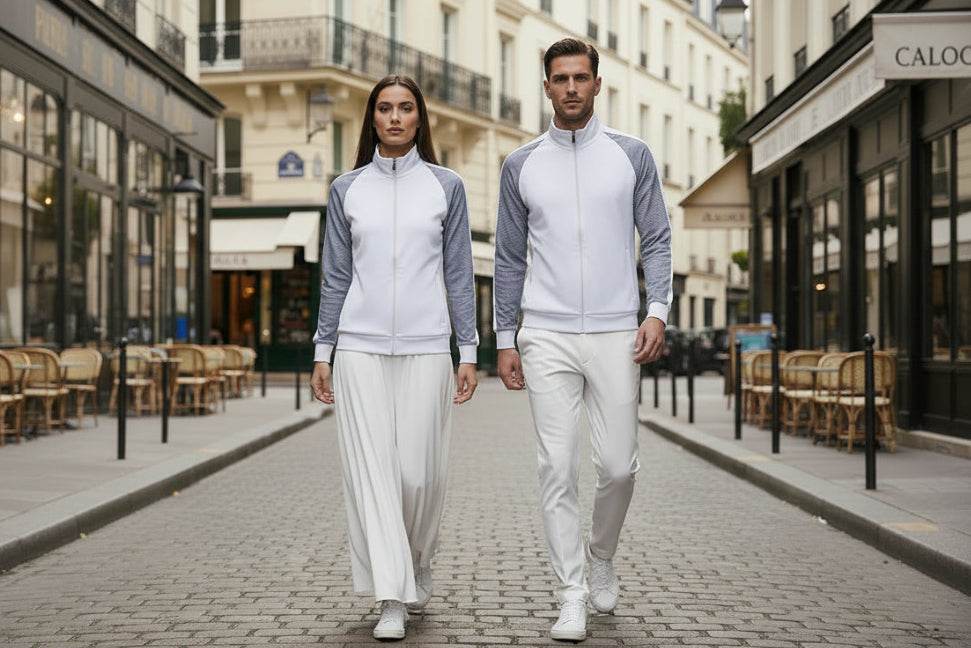 Veste blanche et manches rayées bleu et blanc