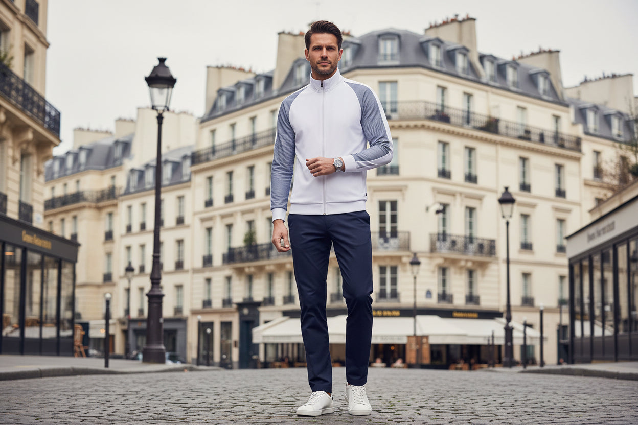 Veste blanche et manches rayées bleu et blanc